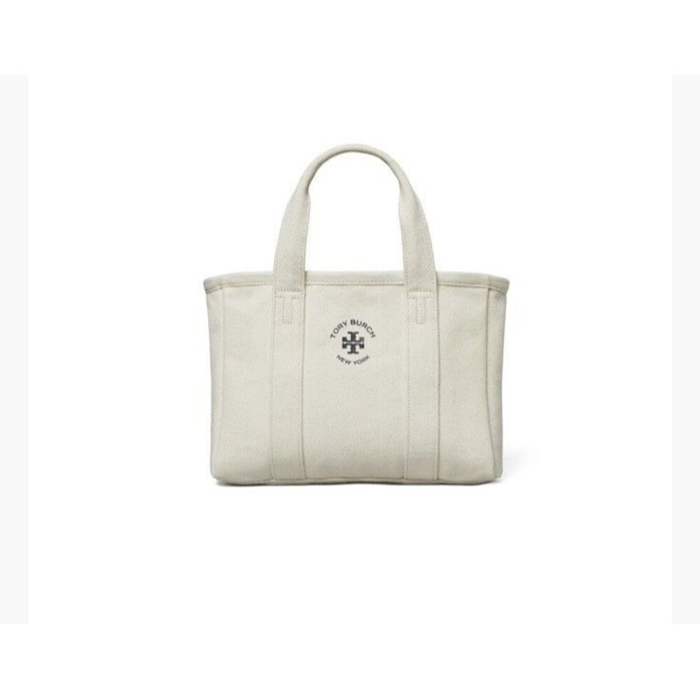 NWT Tory Burch Mini Mercer Tote Hand Bag Purse Ivory Canvas Black Logo